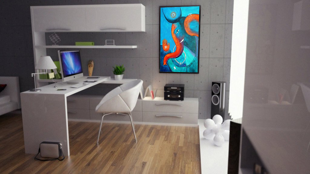 Modern Office With Ganesh Painting On Wall