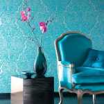 Aqua blue interiors with blue metallic wallpaper for interior design
