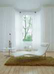 Grand White Interiors with White window Sheers  and Brown Rug