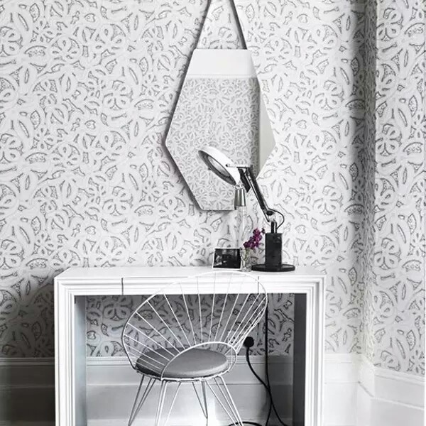 Dressing Table With White Floral Wallpaper