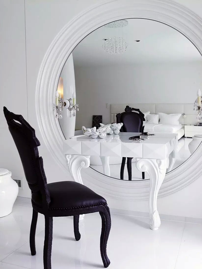 Elegant White Dressing Table With Black Chair