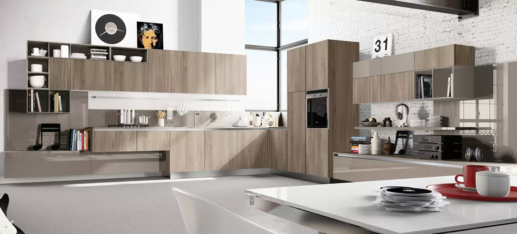Modern Kitchen Interior Design Ideas With Brown Wooden Cabinets And White Dining Sets Also Brick Exposed Walls Accents