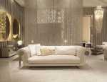 Sleek White Marble Floor Italian Sofas Shiny  Gold Mirror