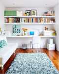 Floating shelves for book with white interiors and wood flooring