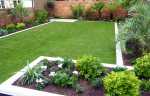Simple-Backyard-Outdoor-Garden-with-Large-Green-Grass-and-Some-Palm-Trees-Decorating-also-Brick-Fence-for-Modern-Garden-Design-Ideas