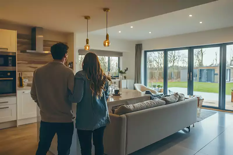 Excited New Home Buyers Exploring Modern House Interior Together Excited New Home Buyers Exploring Modern House Interior Together